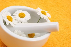 camomile and mortar and pestle - beauty or health treatment